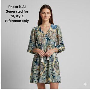 MAHINA 3/4 Sleeve Woven Mini Peasant Dress V-Neck Empire BOHO yel/turq/multi L